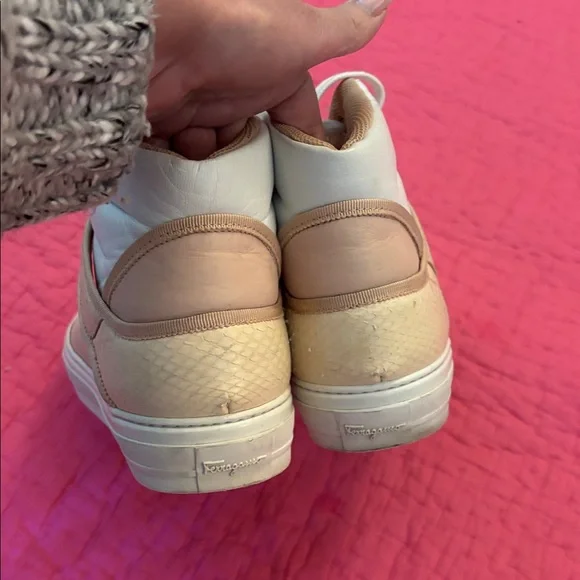Salvatore Ferragamo Cream and Tan High-Top leather /snakeskin Sneakers, US7,5